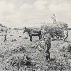 Dessin de l'Angélus où les agriculteurs arrêtent le travail aux champs pour prier au son des cloches de l'église paroissiale.