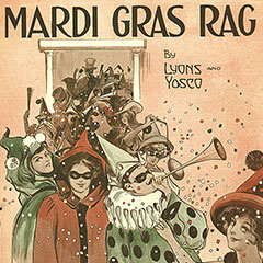 Dessin coloré où l'on voit des gens costumés et masqués défiler pour le Mardi gras