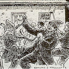 Ink on paper sketch representing people making a ruckus with pots and bells in front of a house.