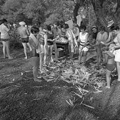 People are shucking ears of corn; a few are boiling them while others are eating.